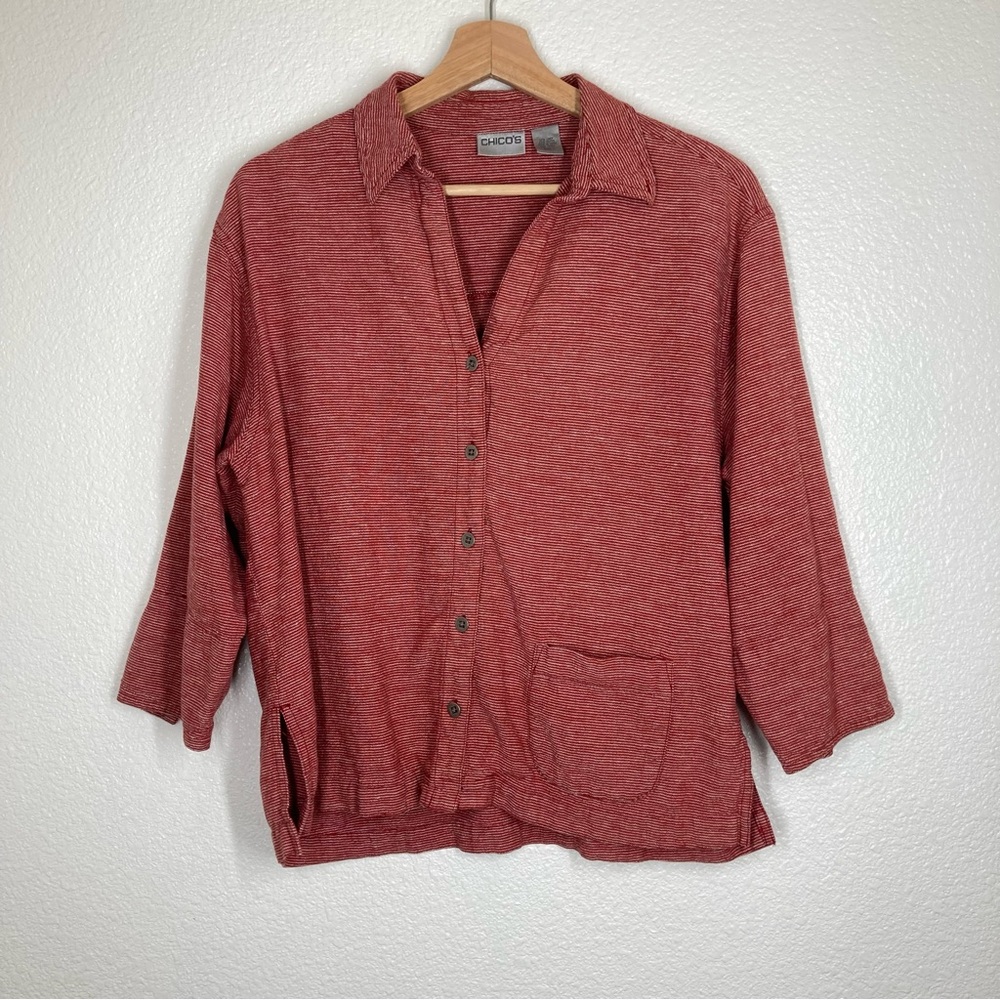 Chicos Women's Linen Shirt Red White Striped Button Down  3/4 Sleeve Size 1 - Picture 3 of 12
